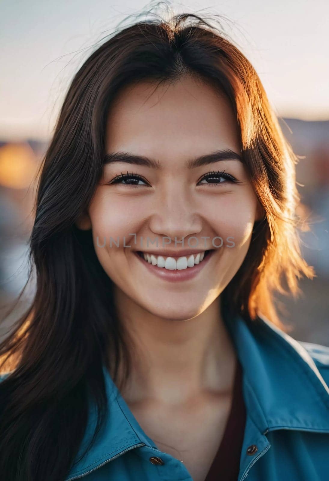 A woman 25 years old expresses her happiness with a bright smile while standing outdoors in a lively urban setting basking in the warm sunlight of the afternoon. A resident of Kazakhstan. AI generated