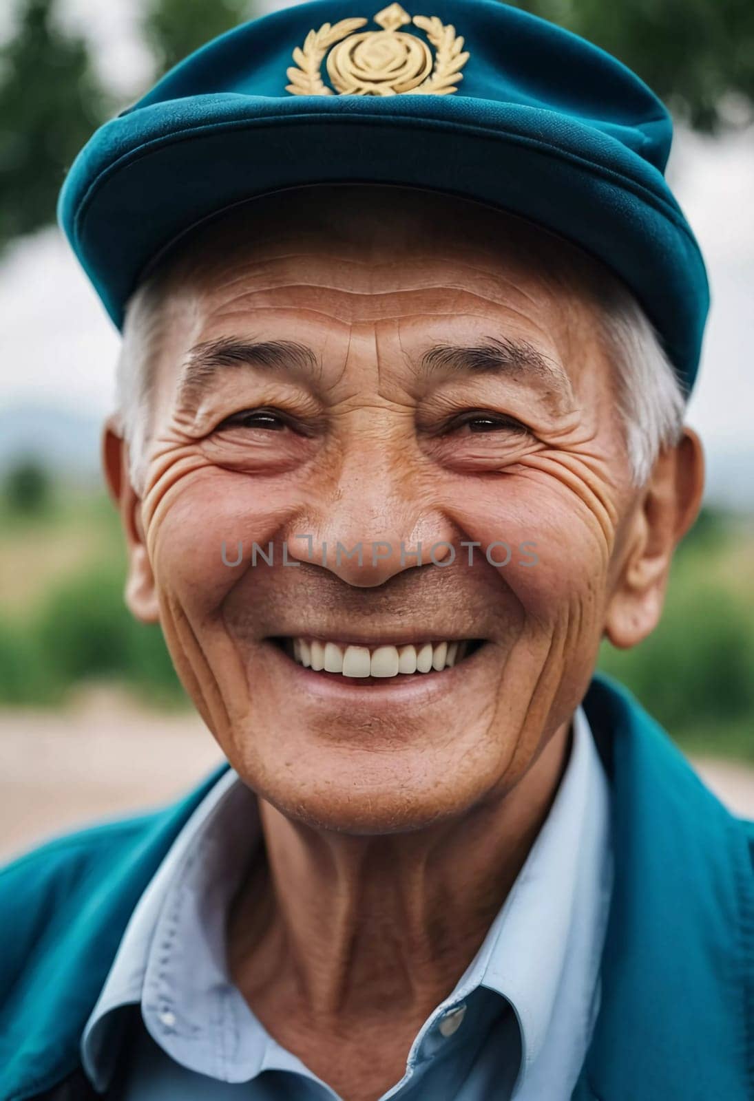 An elderly man wearing a light jacket and blue shirt smiles brightly, displaying happiness and contentment in a natural outdoor environment during the day. A resident of Kazakhstan. AI generated