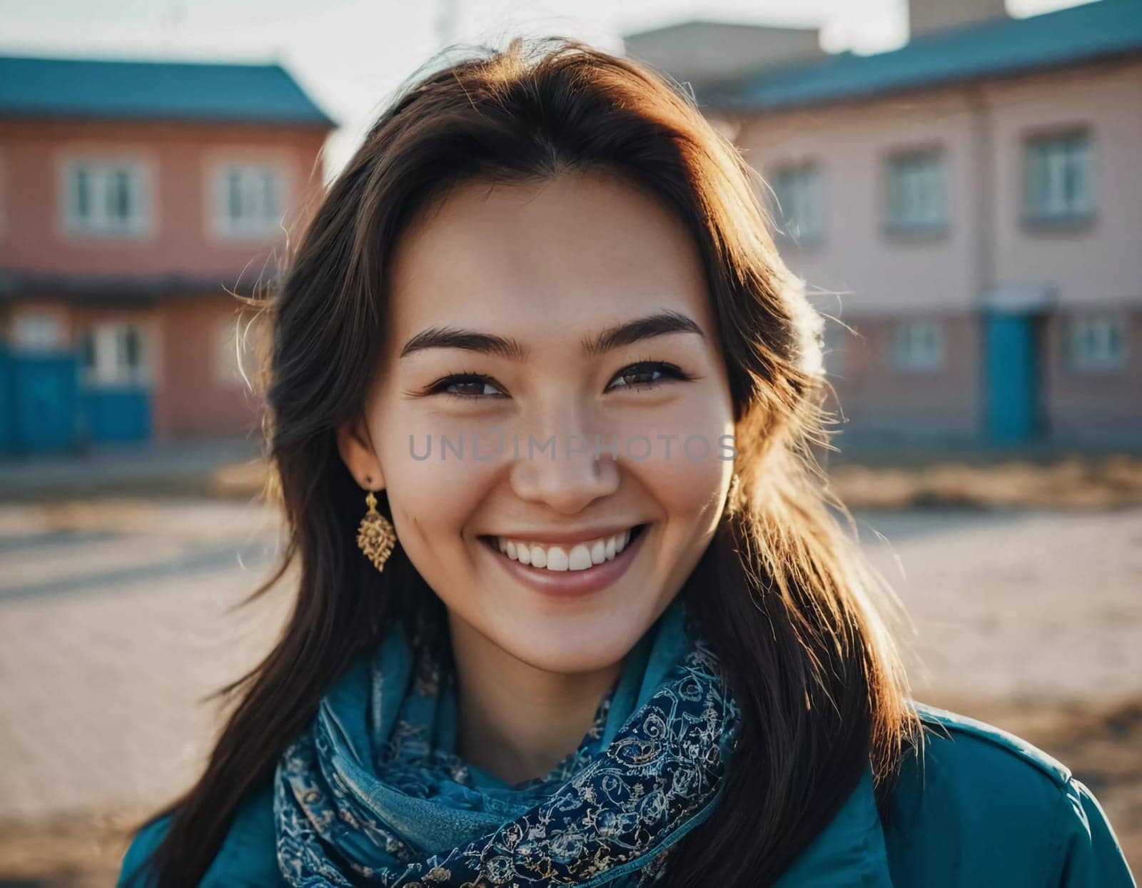 A woman 25 years old expresses her happiness with a bright smile while standing outdoors in a lively urban setting basking in the warm sunlight of the afternoon. A resident of Kazakhstan. AI generated