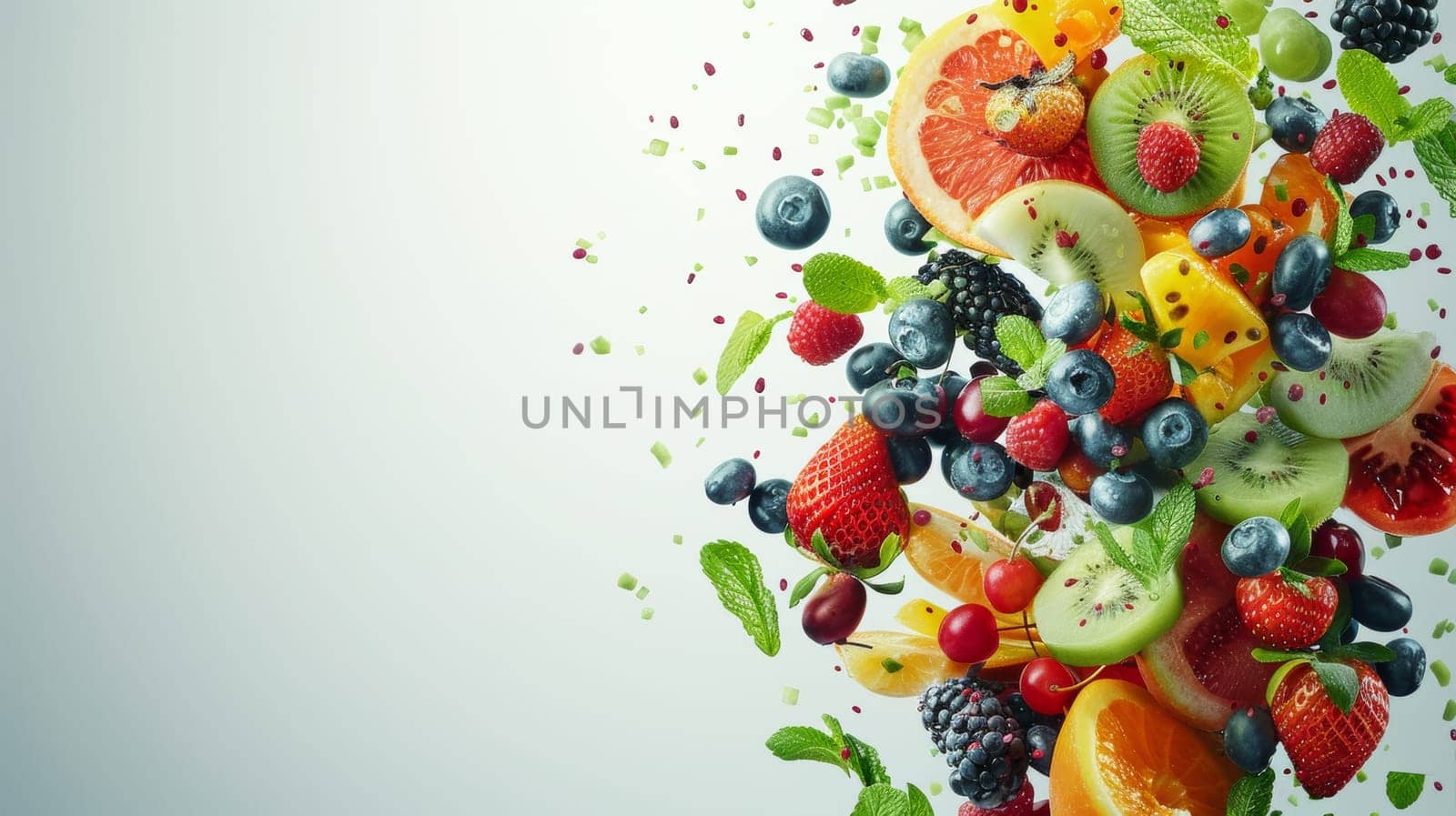 Colorful fruit salad spinning against a blank backdrop
