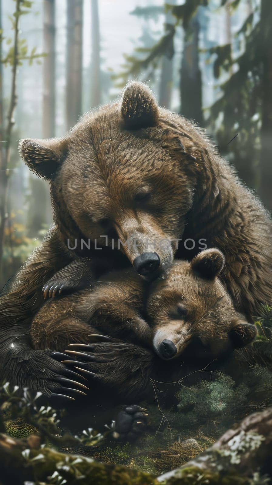 Cuddly baby bears snuggling up to their mother for a nap in the forest
