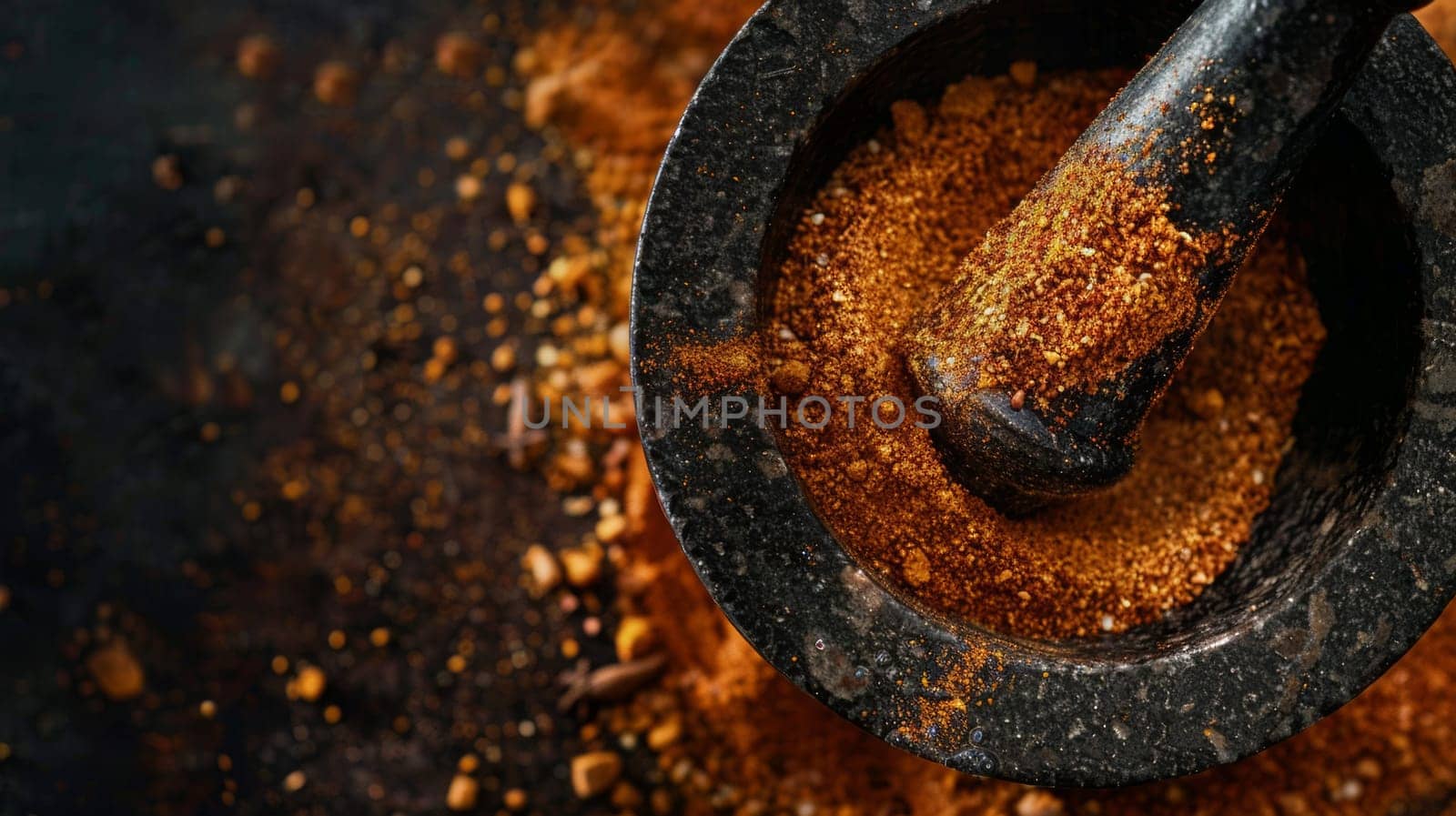 Darkened shape of spices swirling in a mortar and pestle