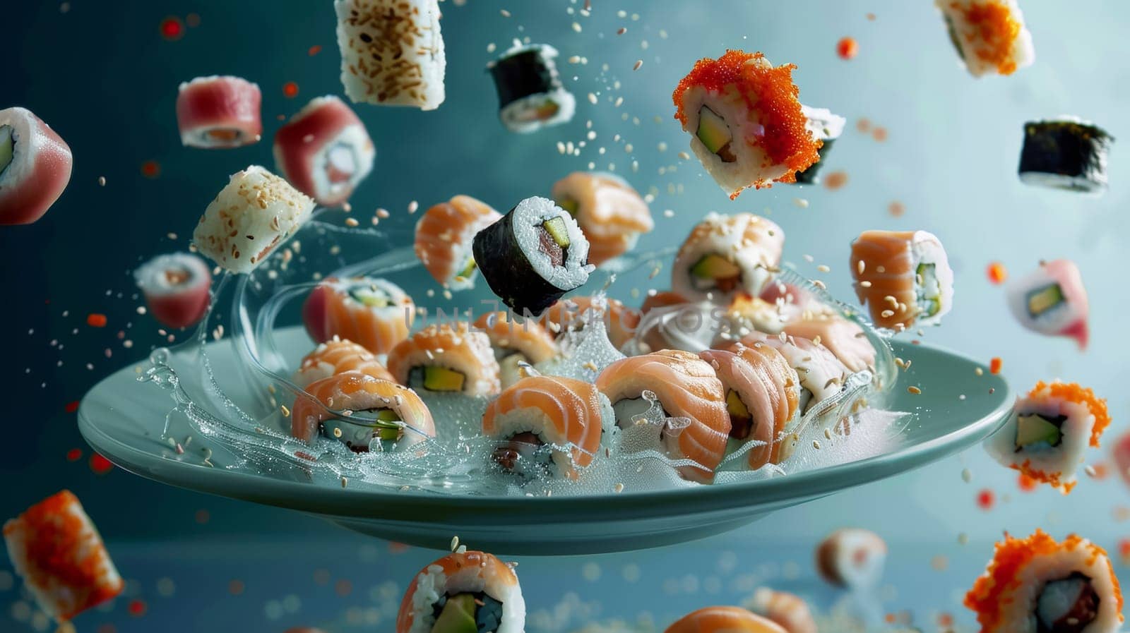 Contemporary poster featuring a spinning plate of sushi rolls