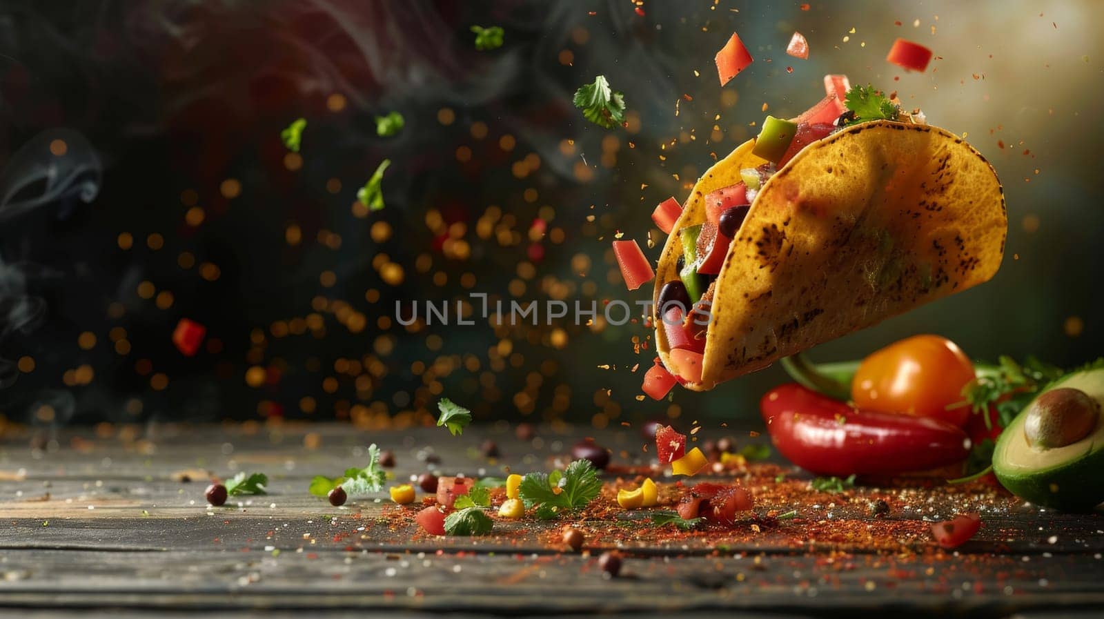 Dynamic copy space featuring levitating taco ingredients and space for Mexican cuisine promotions
