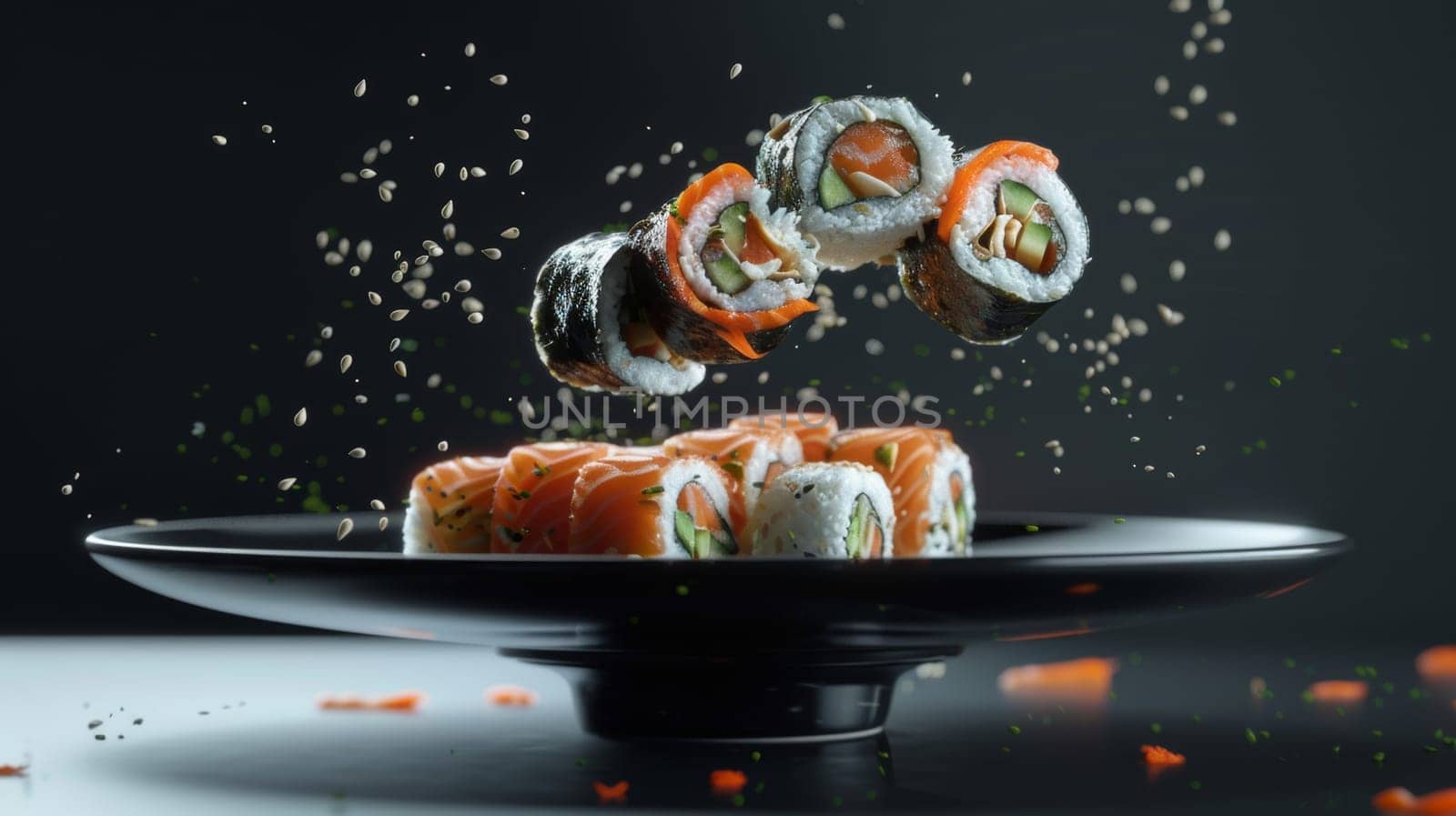 Dynamic poster design featuring a spinning plate of sushi rolls