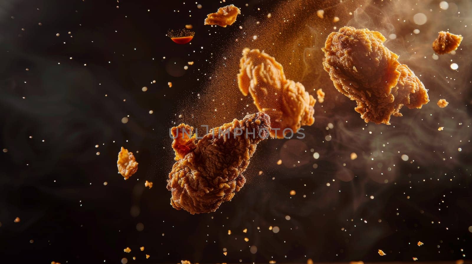Dynamic silhouette of levitating pieces of fried chicken with sauce swirls