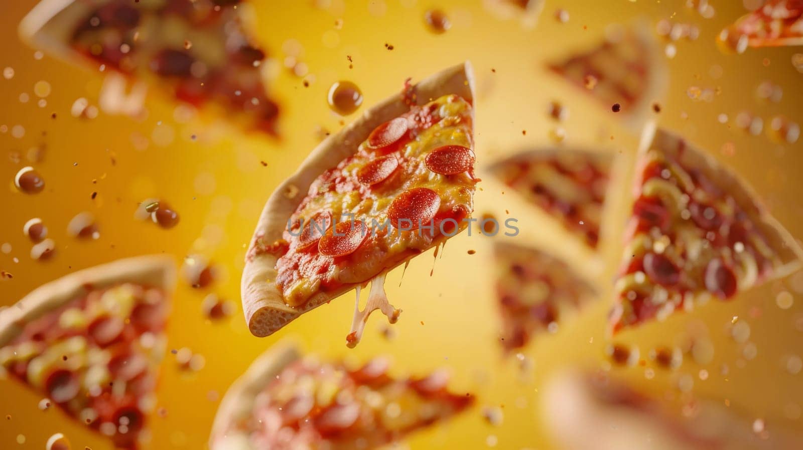 Dynamic poster showcasing floating pizza slices in a kinetic layout