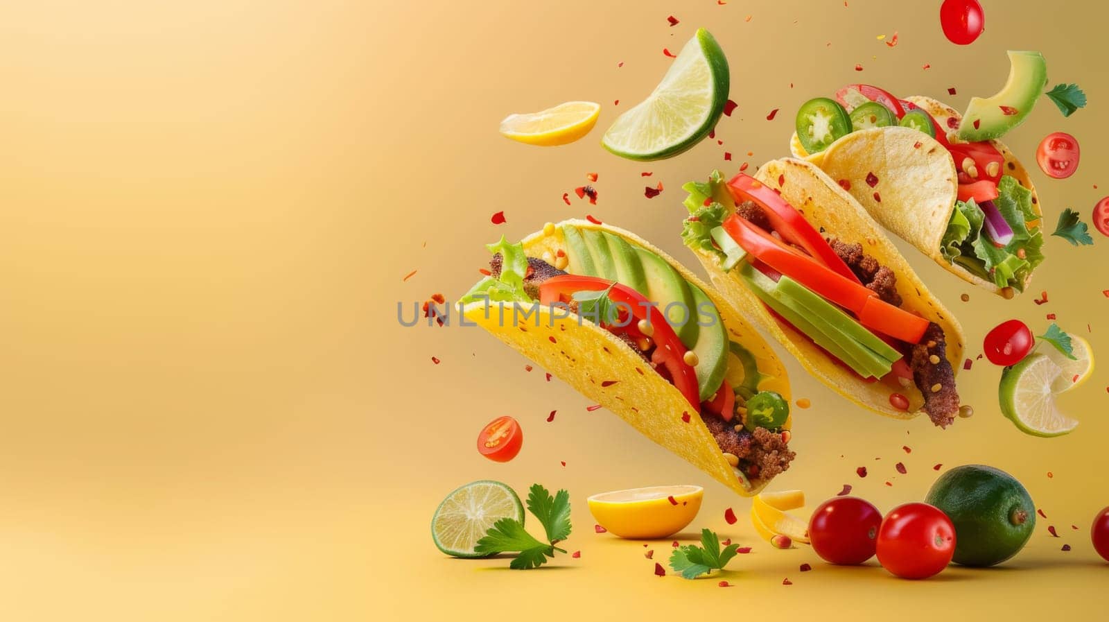Dynamic composition with floating taco ingredients in a copy space