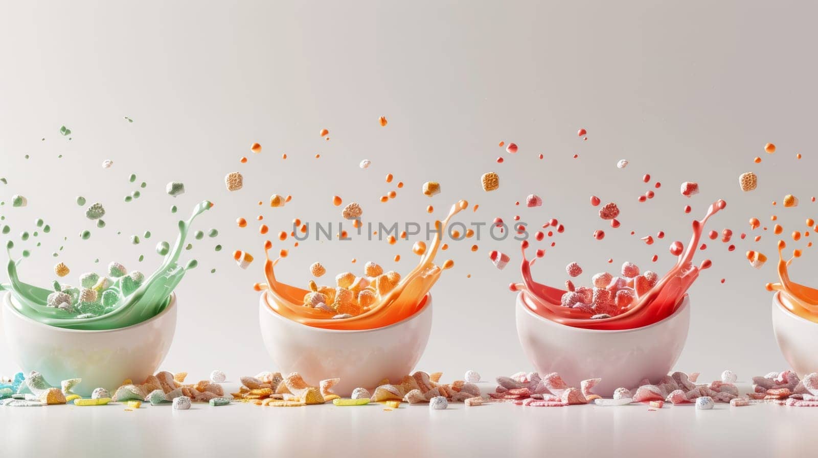 Elegant silhouette of floating bowls of colorful cereal with milk splashes