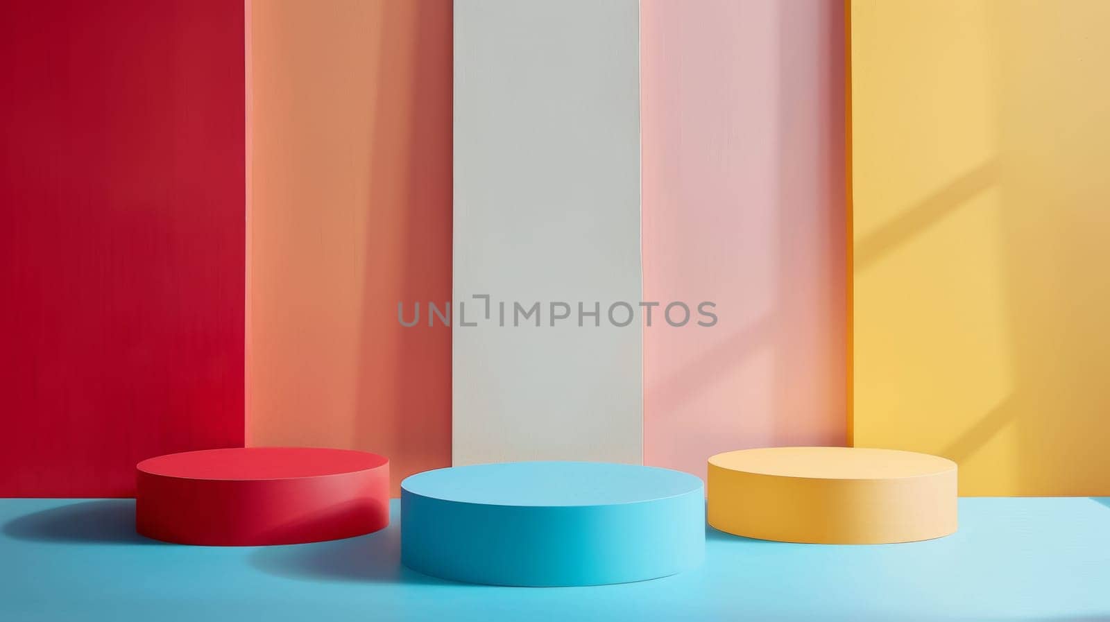 Three colorful pedestals, each with a different color. The pedestals are placed in front of a wall with a variety of colors