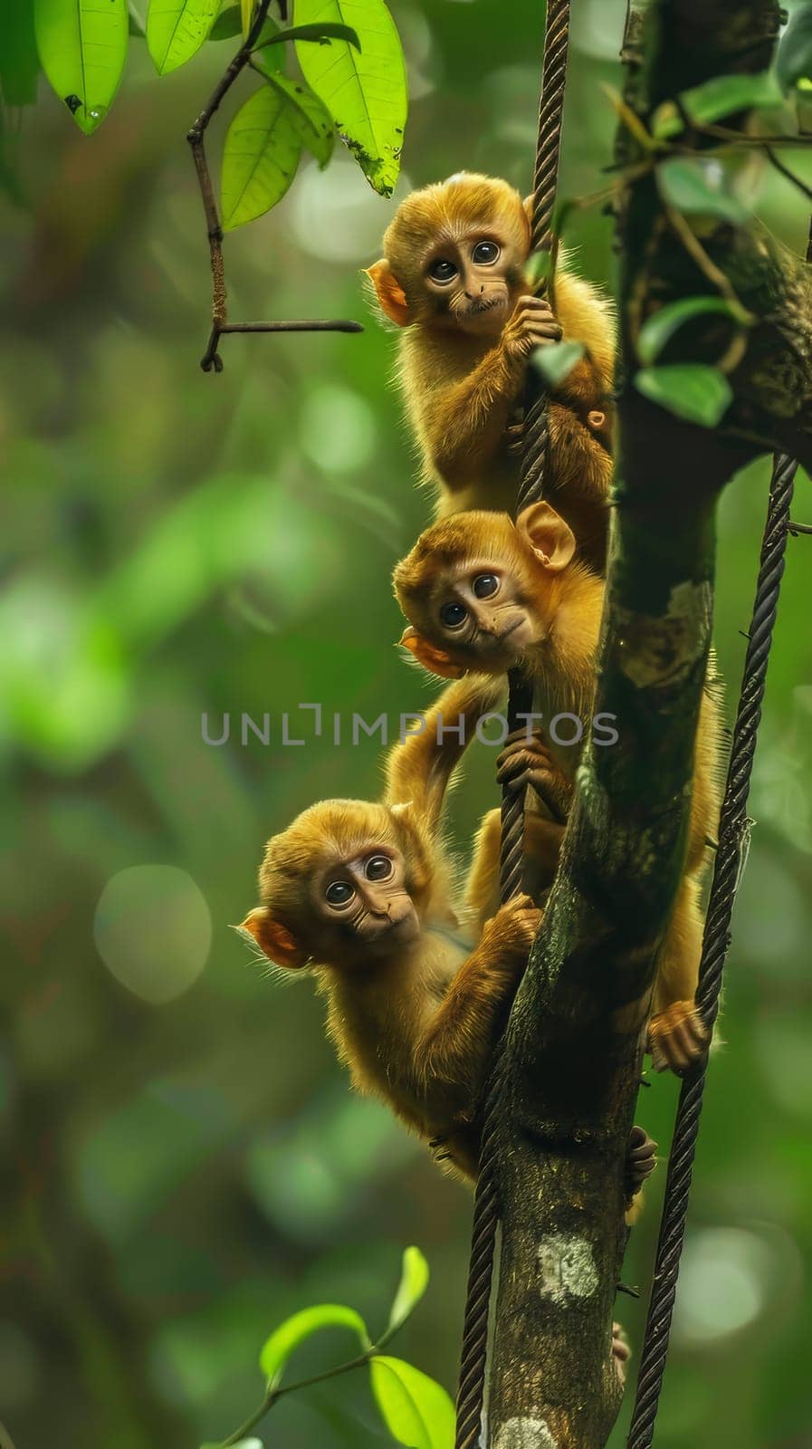 Energetic baby monkeys swinging from tree to tree in dense rainforests, their high-pitched cries echoing through the canopy