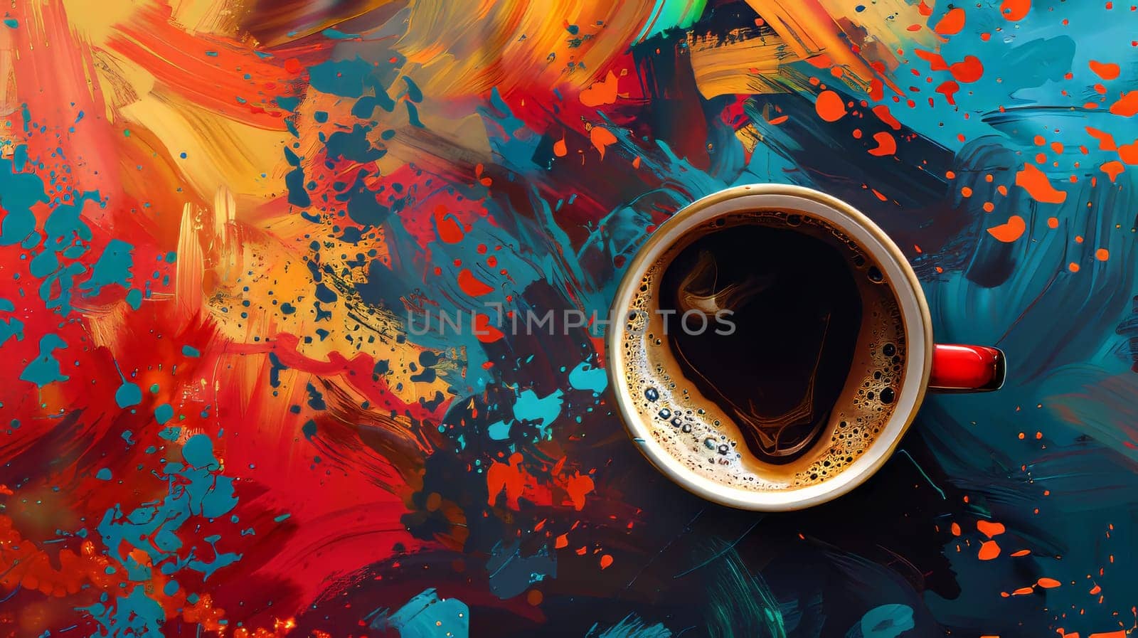 Expressive abstract background featuring bold brushstrokes and vibrant colors surrounding a cup of hot coffee