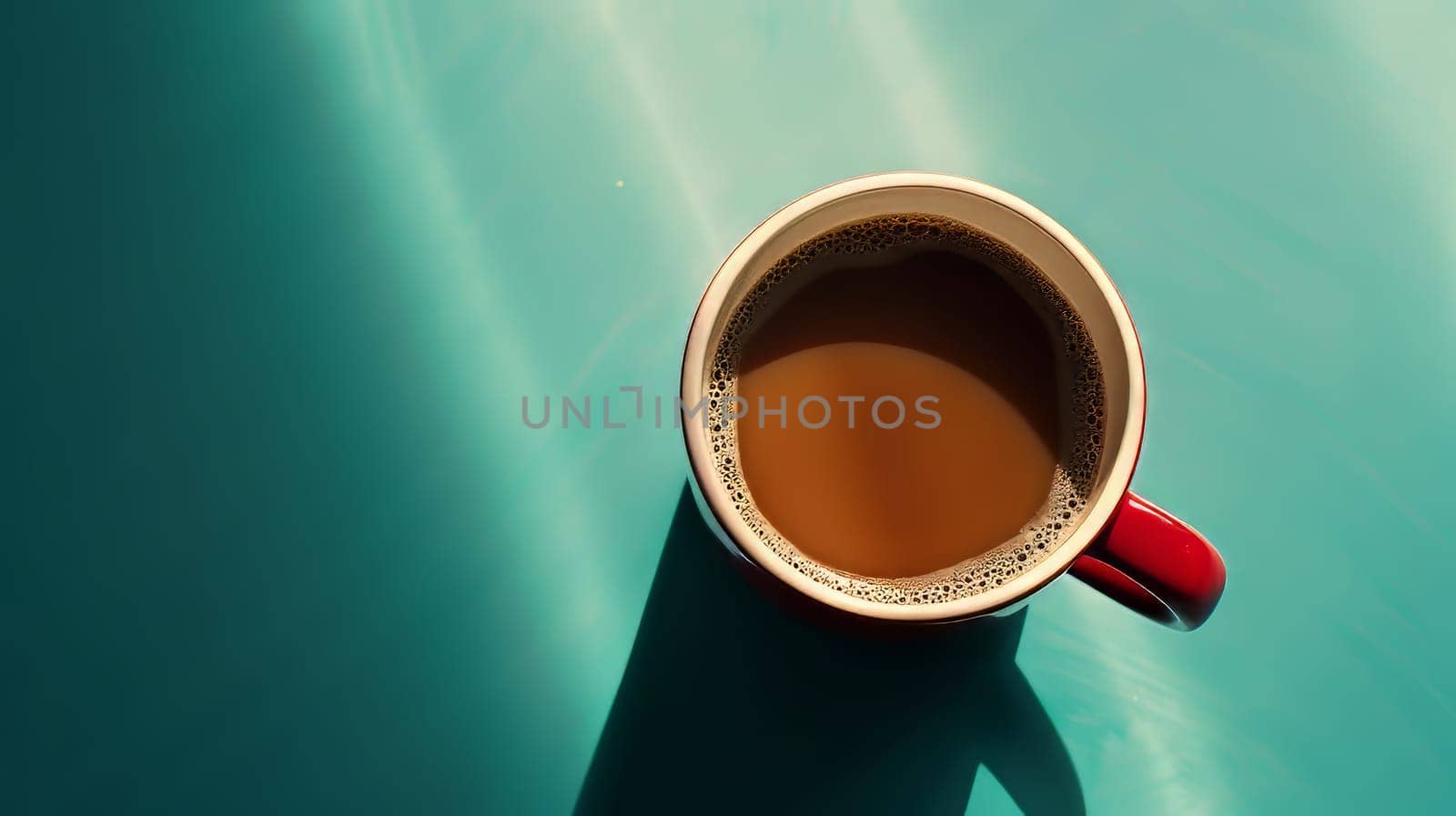 A red coffee cup with a brown liquid in it sits on a blue surface. The cup is half full, and the liquid appears to be a dark brown color. Concept of relaxation and comfort