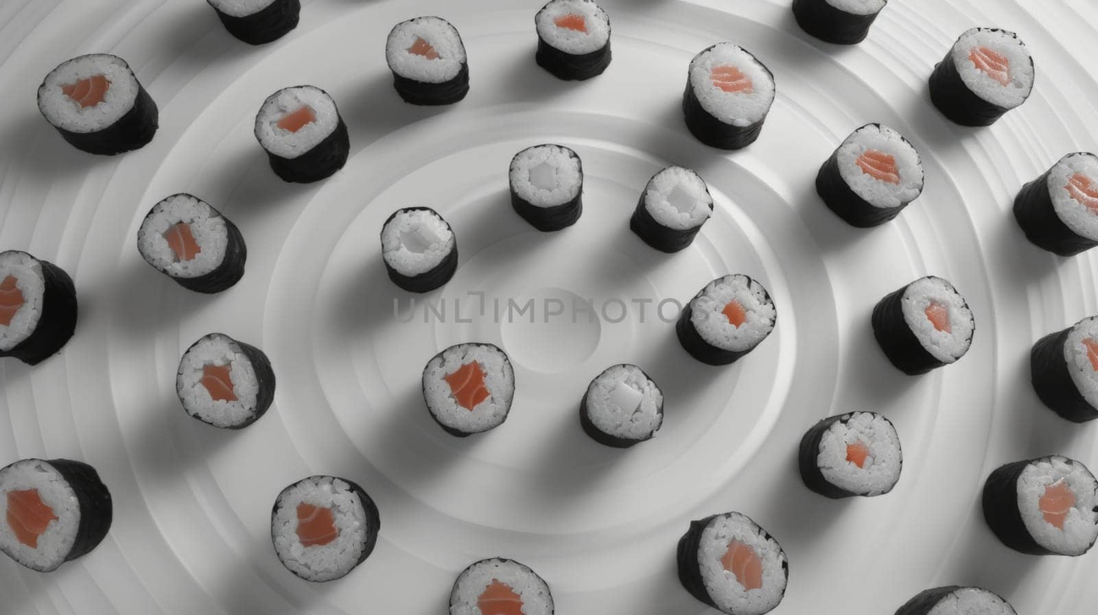 Geometric arrangement of spinning sushi rolls in a geometric pattern