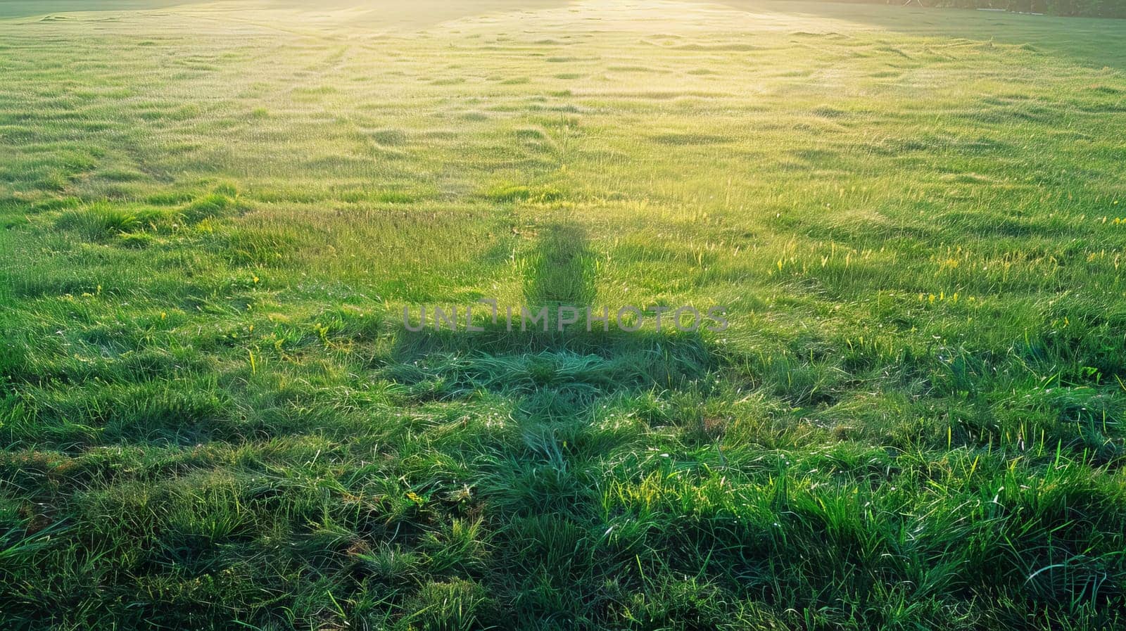 Large copy space adjacent to an image of a cross-shaped shadow on a grassy field at sunrise