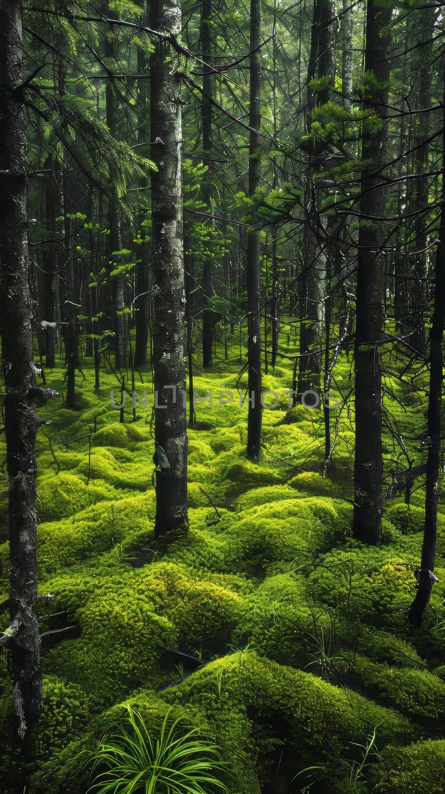 Lush spruce forests carpeted in emerald moss
