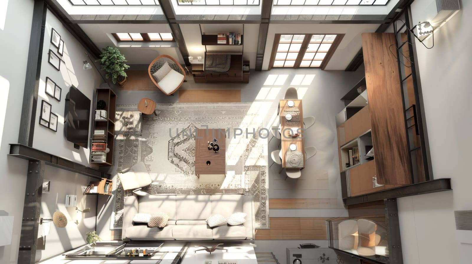 Interior layout demonstrating creative ways to define separate living areas within a space