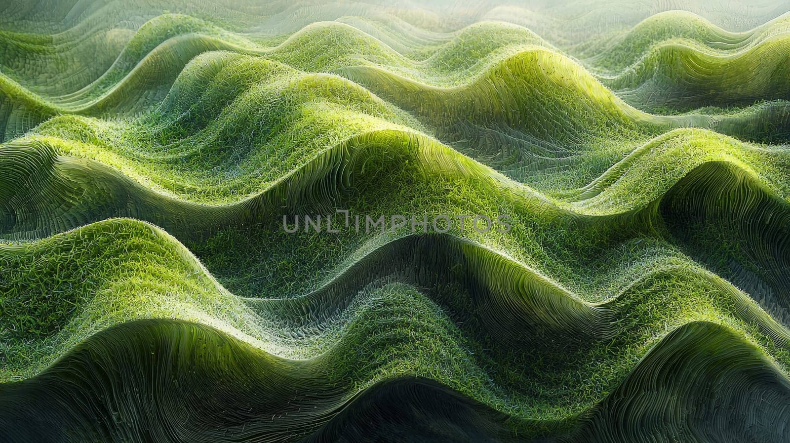 A hyper-detailed, high-contrast 3D rendering of abstract grass waves in green and gray tones. The symmetrical pattern of vertical lines mimics grass swaying gently in the breeze, evoking themes of growth and renewal, perfect for spring-inspired design projects or contemporary artwork.