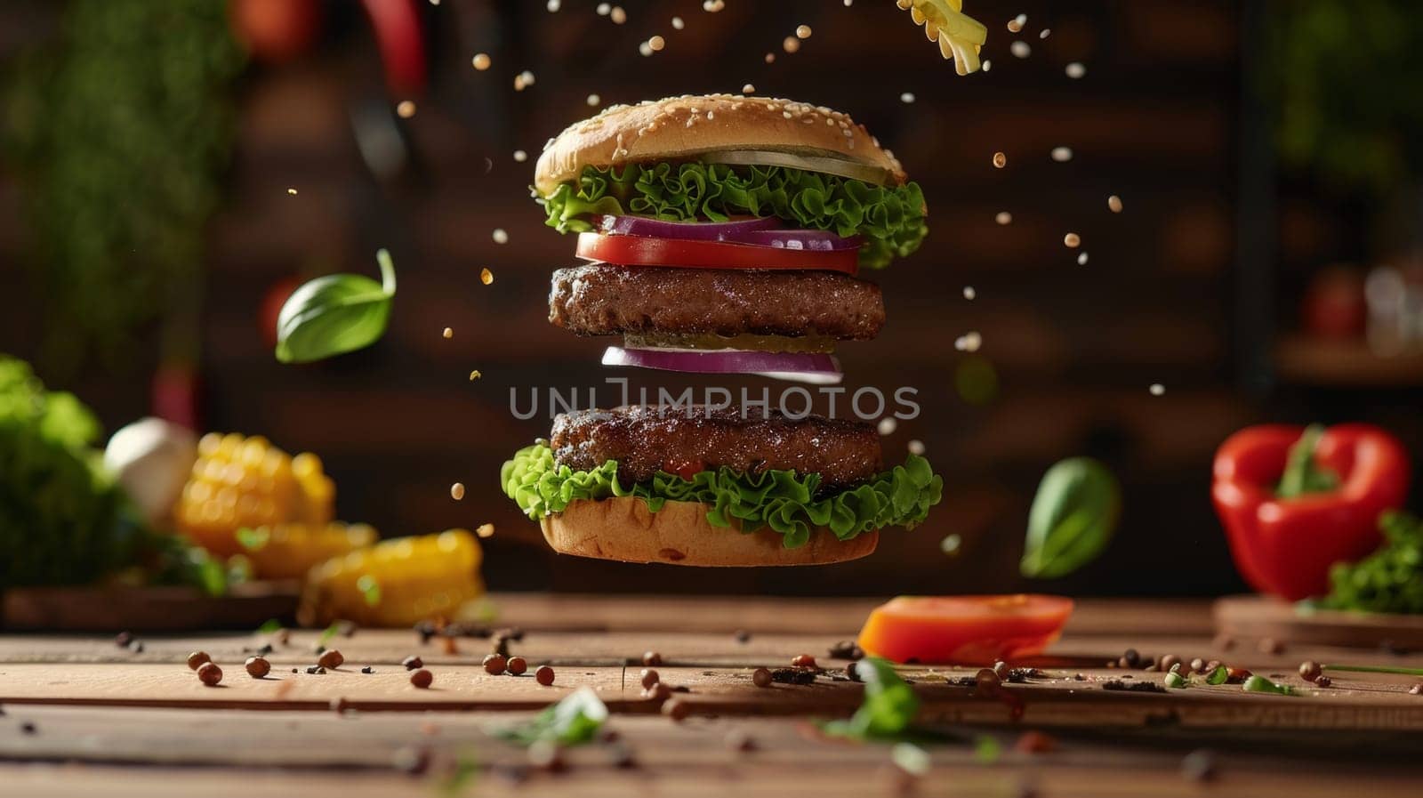 Levitating burger ingredients creating a mouthwatering display