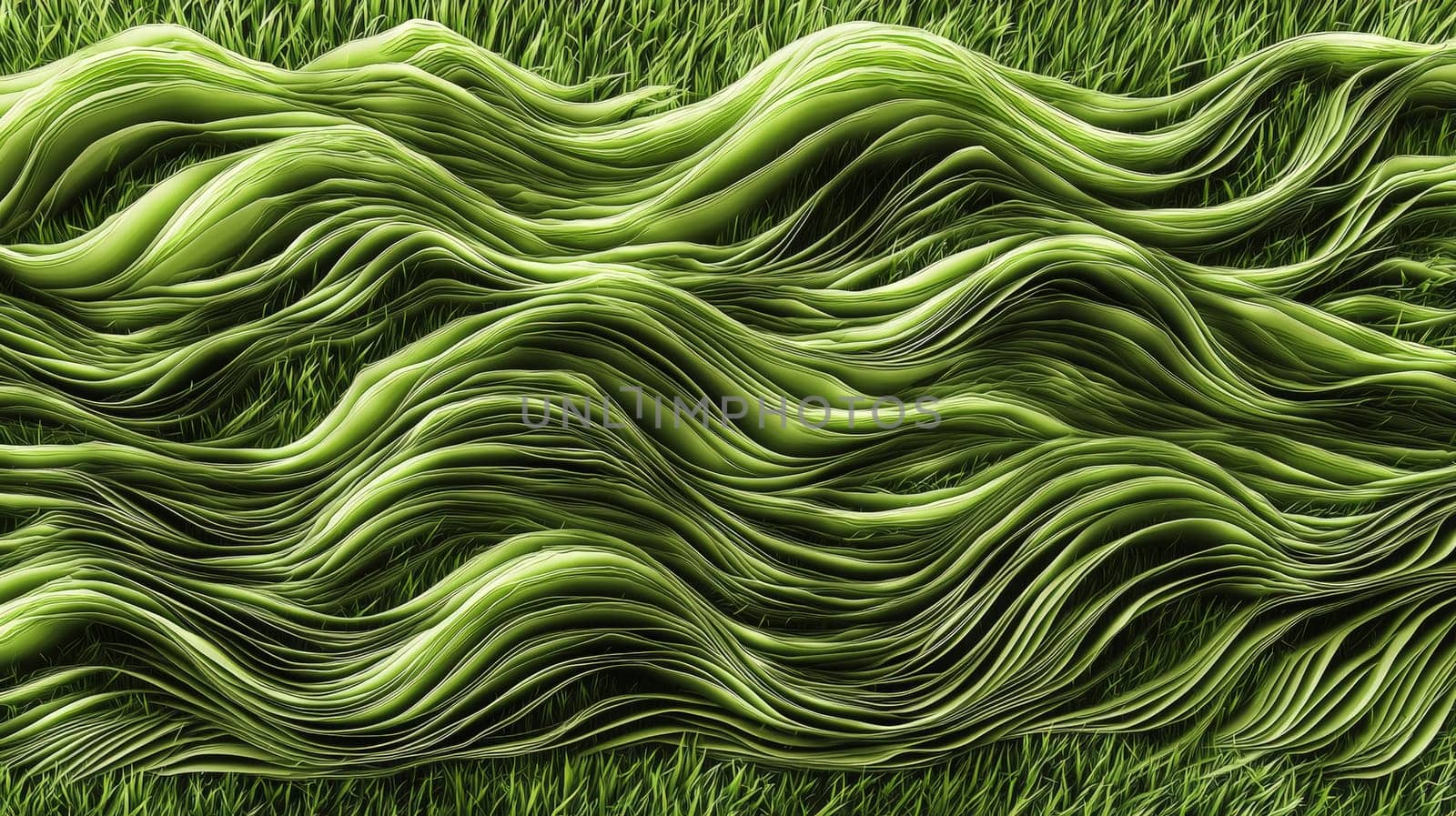 A hyper-detailed, high-contrast 3D rendering of abstract grass waves in green and gray tones. The symmetrical pattern of vertical lines mimics grass swaying gently in the breeze, evoking themes of growth and renewal, perfect for spring-inspired design projects or contemporary artwork.
