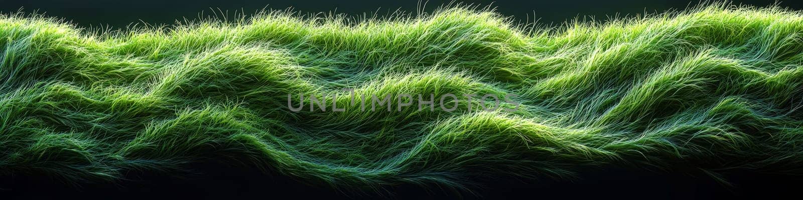 A hyper-detailed, high-contrast 3D rendering of abstract grass waves in green and gray tones. The symmetrical pattern of vertical lines mimics grass swaying gently in the breeze, evoking themes of growth and renewal, perfect for spring-inspired design projects or contemporary artwork.