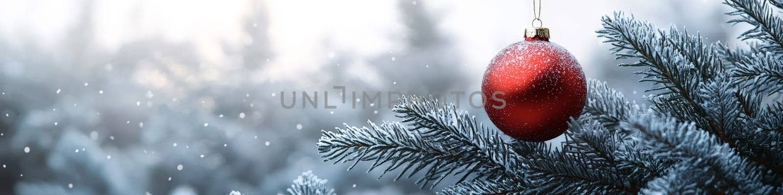 A high-quality, close-up advertising photo featuring a large, clean red ornament hanging on a fluffy green branch of a live Christmas tree. The white background emphasizes the vibrant red of the ball and the natural texture of the branch, creating a minimalist, festive look perfect for holiday designs and ads.