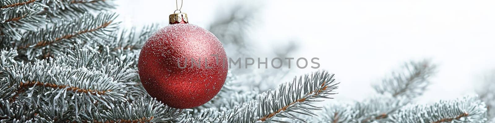 A high-quality, close-up advertising photo featuring a large, clean red ornament hanging on a fluffy green branch of a live Christmas tree. The white background emphasizes the vibrant red of the ball and the natural texture of the branch, creating a minimalist, festive look perfect for holiday designs and ads.