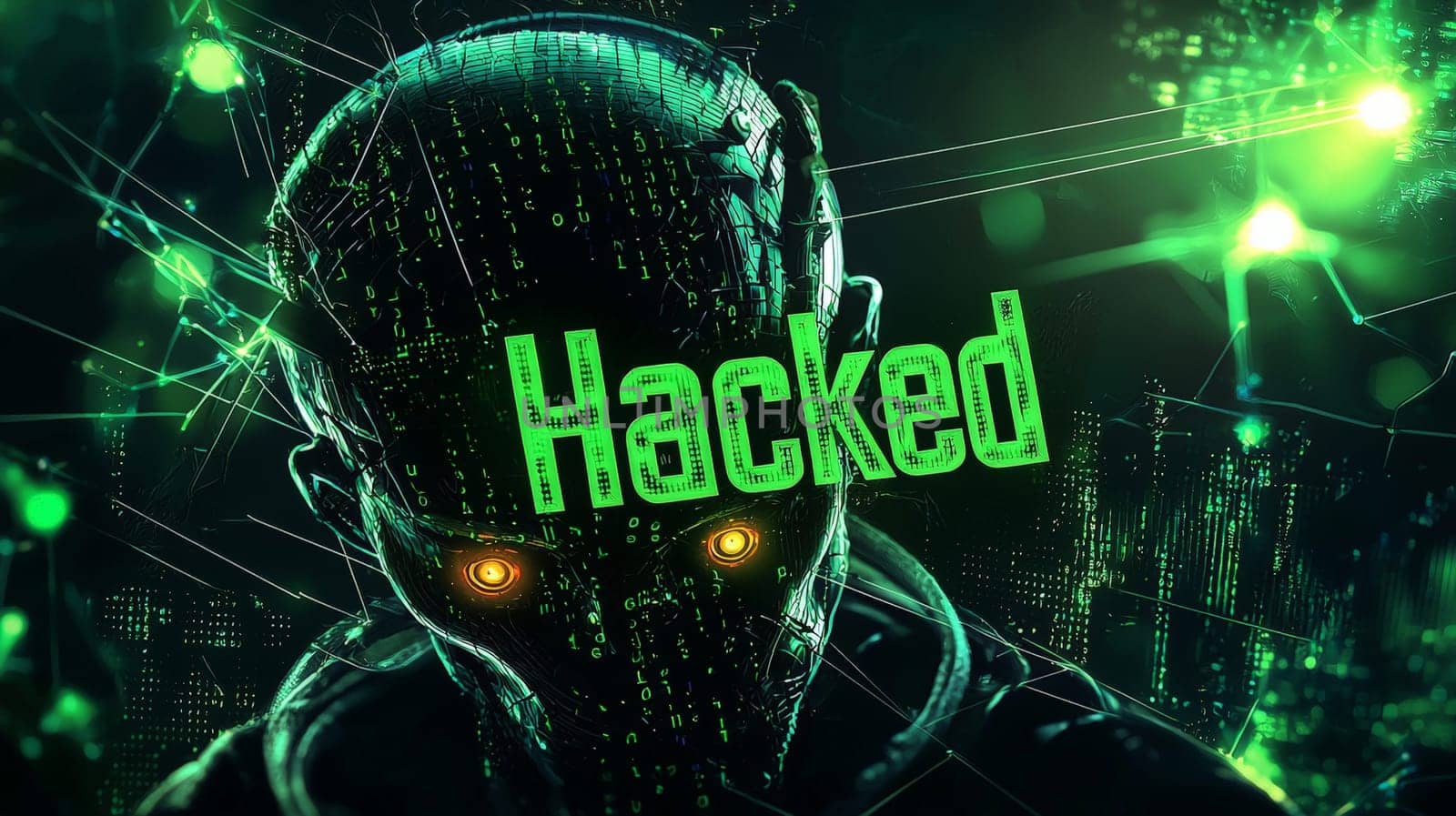 A dark, intense banner featuring an ominous shadow with puppet-like strings controlling the word "Hacked"" in bold, dark green coded lettering. The black and green algorithm background adds a digital, encrypted feel, emphasizing themes of cybersecurity and data breach."