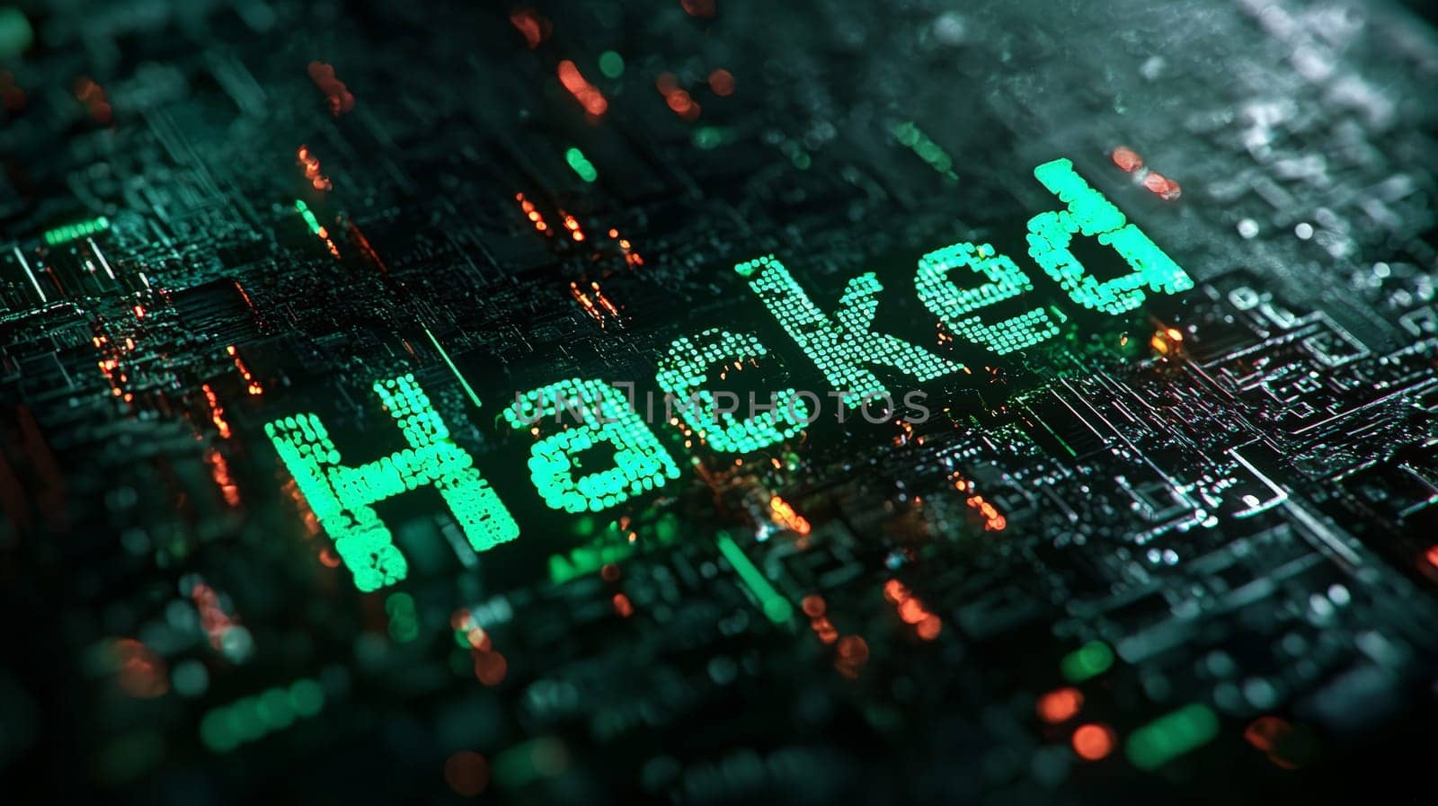 A dark, intense banner featuring an ominous shadow with puppet-like strings controlling the word "Hacked"" in bold, dark green coded lettering. The black and green algorithm background adds a digital, encrypted feel, emphasizing themes of cybersecurity and data breach."