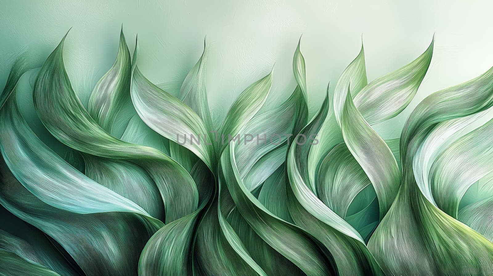 A hyper-detailed, high-contrast 3D rendering of abstract grass waves in green and gray tones. The symmetrical pattern of vertical lines mimics grass swaying gently in the breeze, evoking themes of growth and renewal, perfect for spring-inspired design projects or contemporary artwork.
