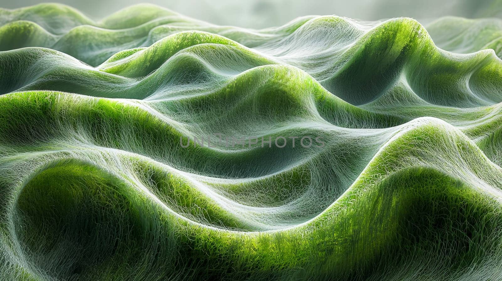 A hyper-detailed, high-contrast 3D rendering of abstract grass waves in green and gray tones. The symmetrical pattern of vertical lines mimics grass swaying gently in the breeze, evoking themes of growth and renewal, perfect for spring-inspired design projects or contemporary artwork.