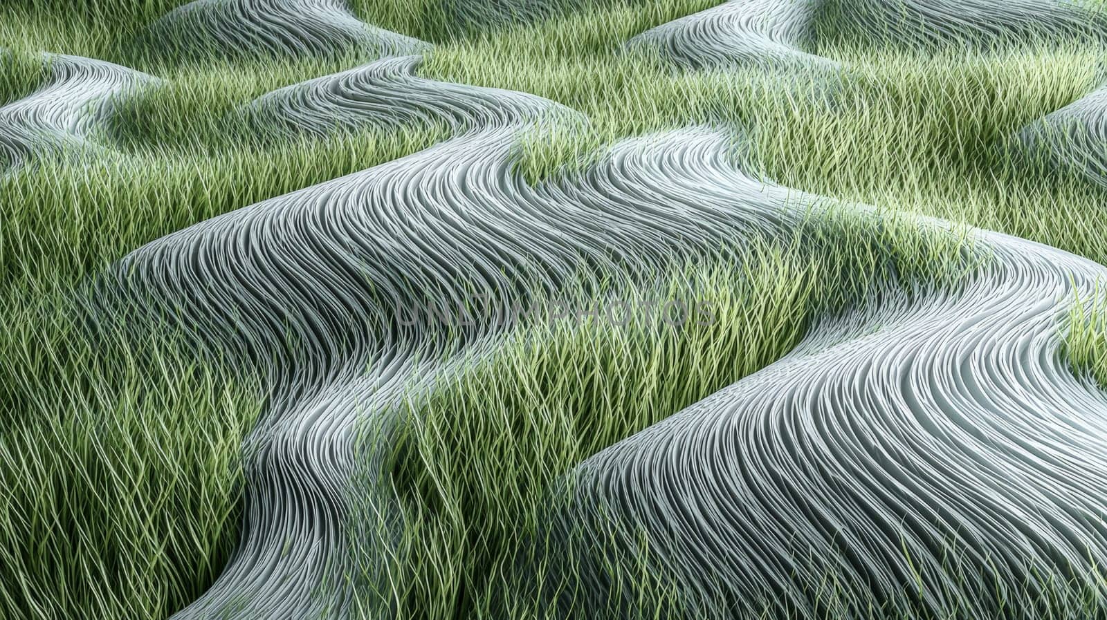 A hyper-detailed, high-contrast 3D rendering of abstract grass waves in green and gray tones. The symmetrical pattern of vertical lines mimics grass swaying gently in the breeze, evoking themes of growth and renewal, perfect for spring-inspired design projects or contemporary artwork.