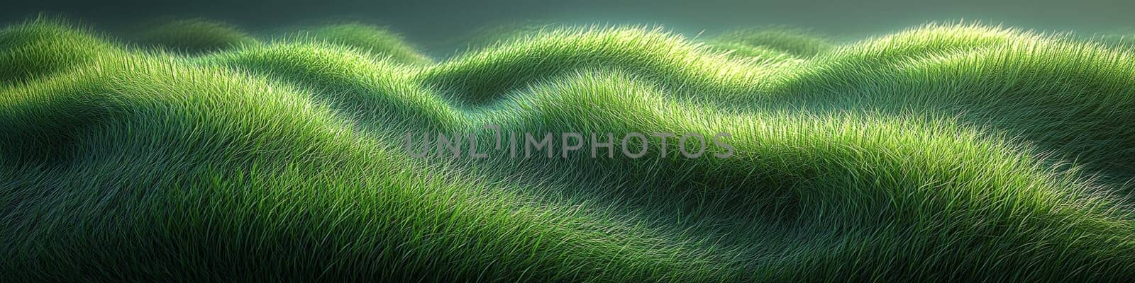 A hyper-detailed, high-contrast 3D rendering of abstract grass waves in green and gray tones. The symmetrical pattern of vertical lines mimics grass swaying gently in the breeze, evoking themes of growth and renewal, perfect for spring-inspired design projects or contemporary artwork.