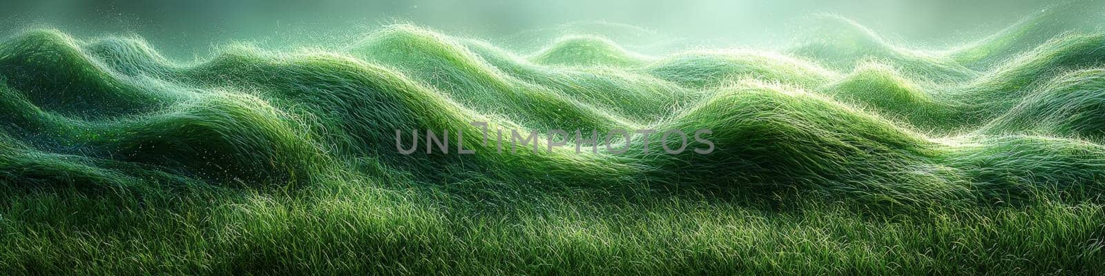 A hyper-detailed, high-contrast 3D rendering of abstract grass waves in green and gray tones. The symmetrical pattern of vertical lines mimics grass swaying gently in the breeze, evoking themes of growth and renewal, perfect for spring-inspired design projects or contemporary artwork.