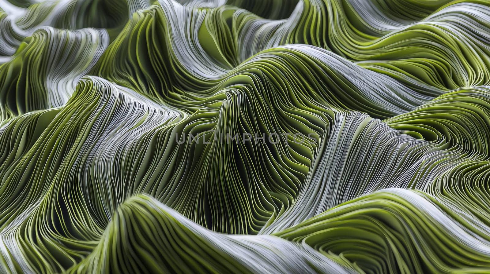 A hyper-detailed, high-contrast 3D rendering of abstract grass waves in green and gray tones. The symmetrical pattern of vertical lines mimics grass swaying gently in the breeze, evoking themes of growth and renewal, perfect for spring-inspired design projects or contemporary artwork.