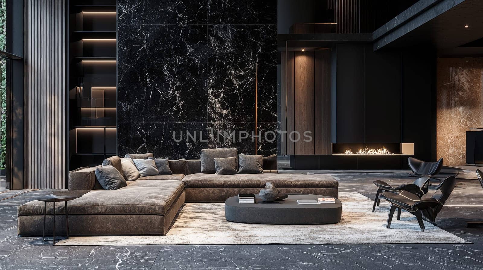 A sleek, modern living room interior featuring minimalist furniture, clean lines, and a neutral color palette. The space exudes sophistication and comfort, with natural lighting accentuating the refined decor and carefully selected furnishings.