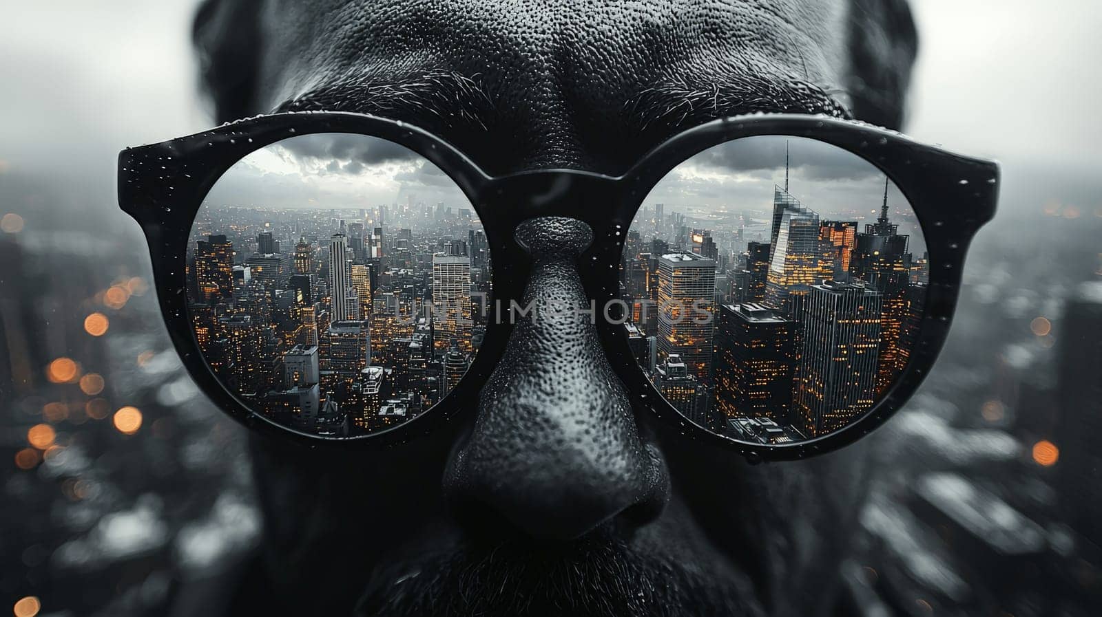 A pair of work glasses perched on the edge of a building offers a striking contrast between the black-and-white, blurred surroundings and the vivid, colorful view of the city through the lenses. The photo emphasizes clarity and perspective, symbolizing focus amidst urban chaos, captured in hyper-realistic 4K quality.