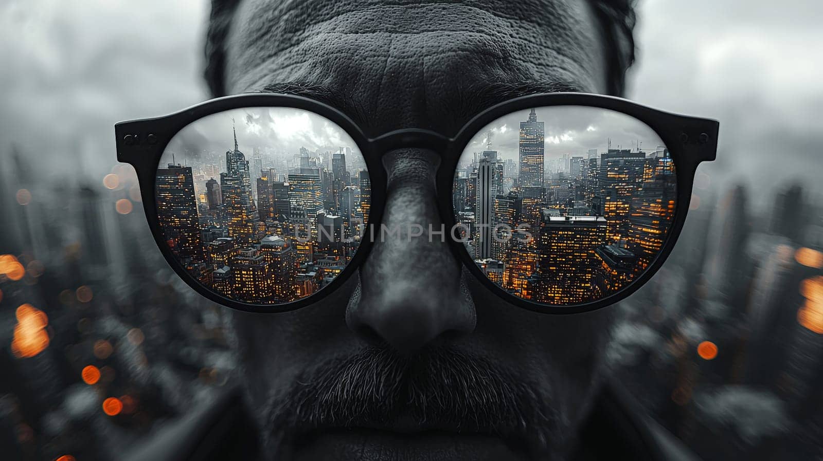 A pair of work glasses perched on the edge of a building offers a striking contrast between the black-and-white, blurred surroundings and the vivid, colorful view of the city through the lenses. The photo emphasizes clarity and perspective, symbolizing focus amidst urban chaos, captured in hyper-realistic 4K quality.