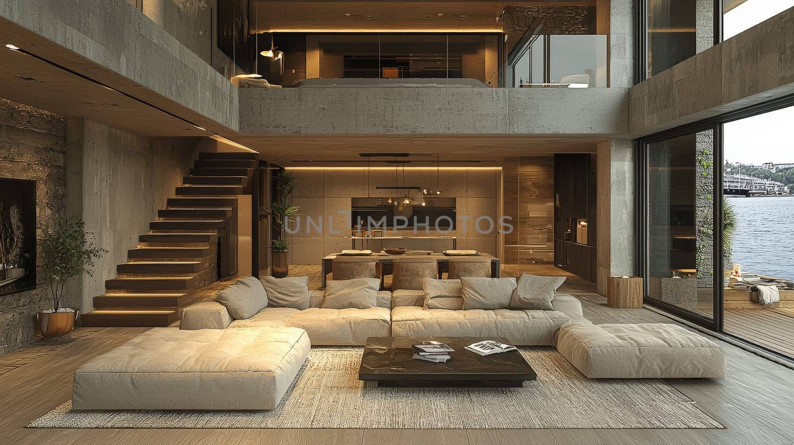 A sleek, modern living room interior featuring minimalist furniture, clean lines, and a neutral color palette. The space exudes sophistication and comfort, with natural lighting accentuating the refined decor and carefully selected furnishings.