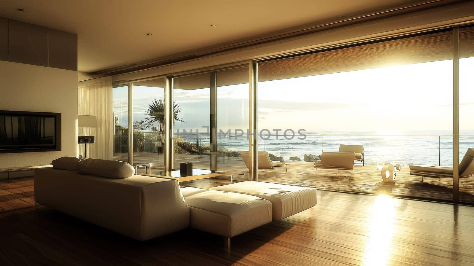 A sleek, modern living room interior featuring minimalist furniture, clean lines, and a neutral color palette. The space exudes sophistication and comfort, with natural lighting accentuating the refined decor and carefully selected furnishings.