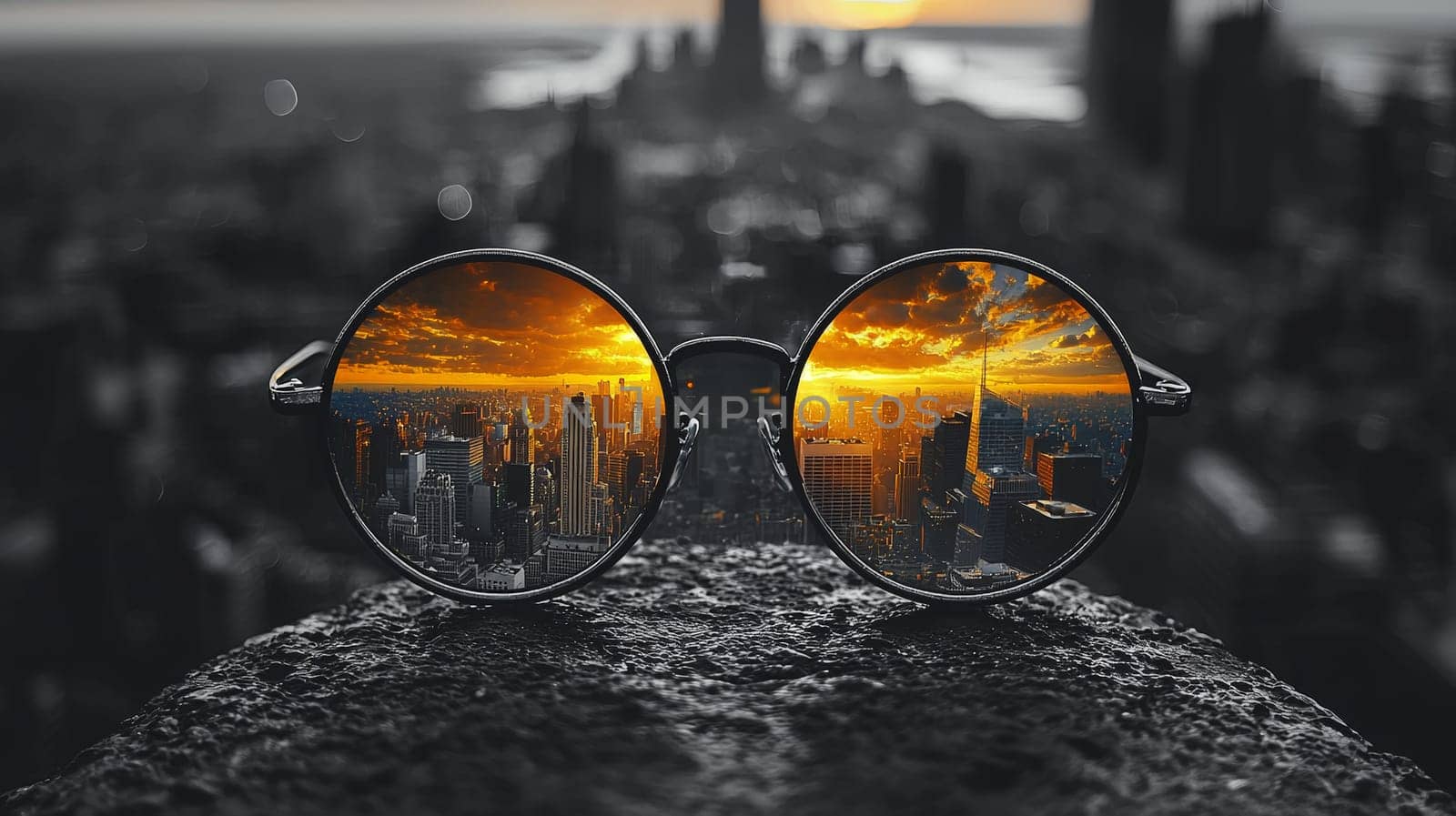 A pair of work glasses perched on the edge of a building offers a striking contrast between the black-and-white, blurred surroundings and the vivid, colorful view of the city through the lenses. The photo emphasizes clarity and perspective, symbolizing focus amidst urban chaos, captured in hyper-realistic 4K quality.
