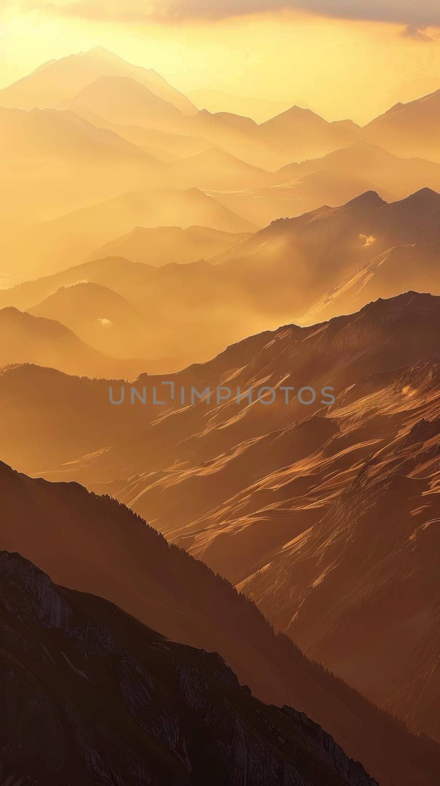 Mountain ridges bathed in the golden light of dawn