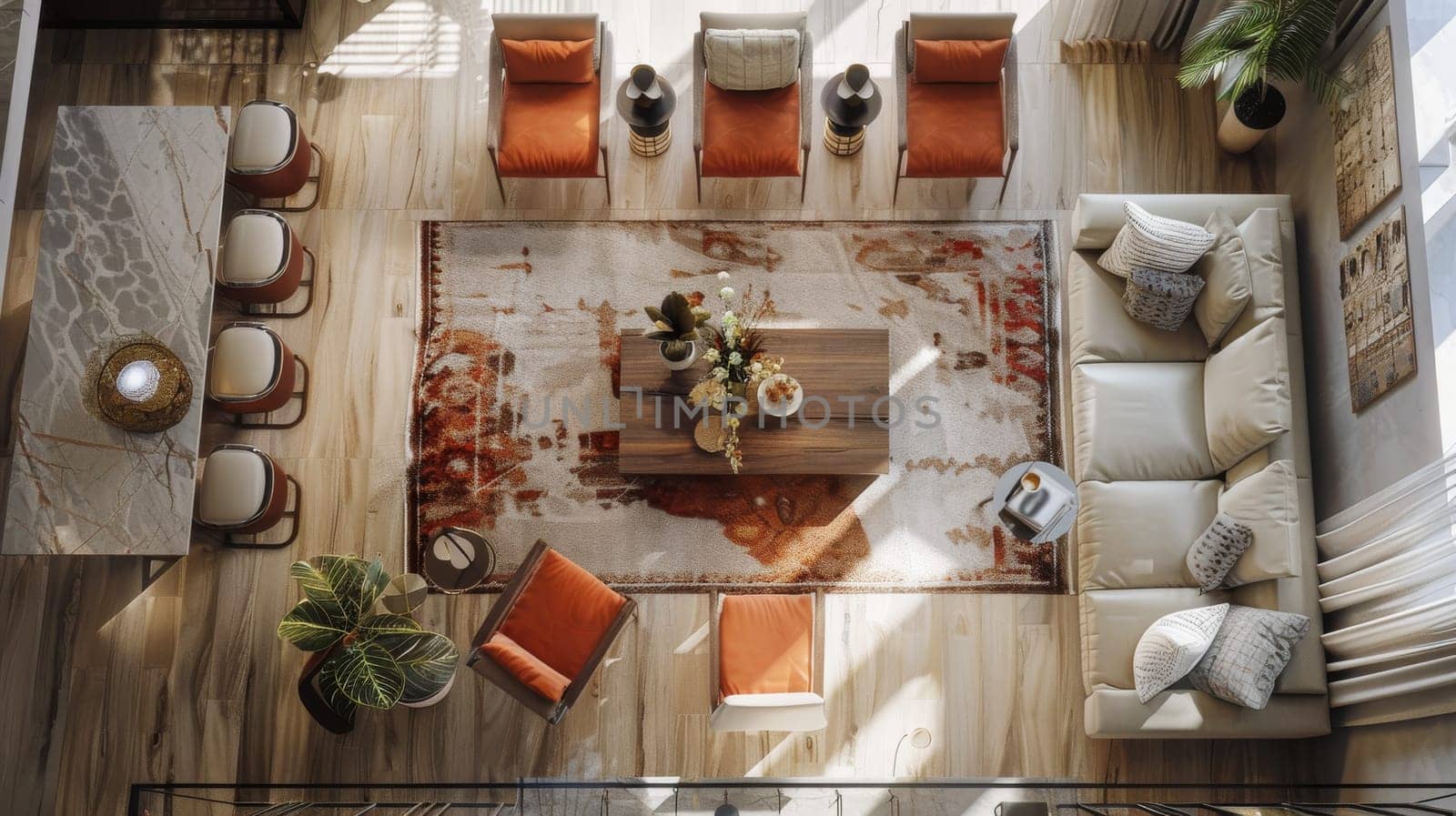 Overhead perspective highlighting the meticulous attention to detail in interior design