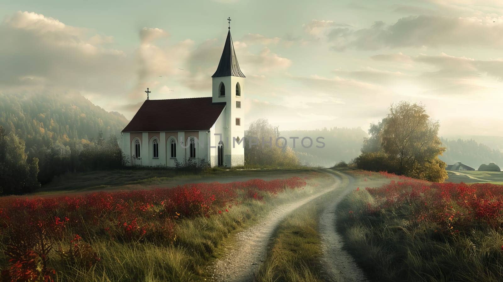 Open area for words alongside an image of a Christian church in a rural landscape