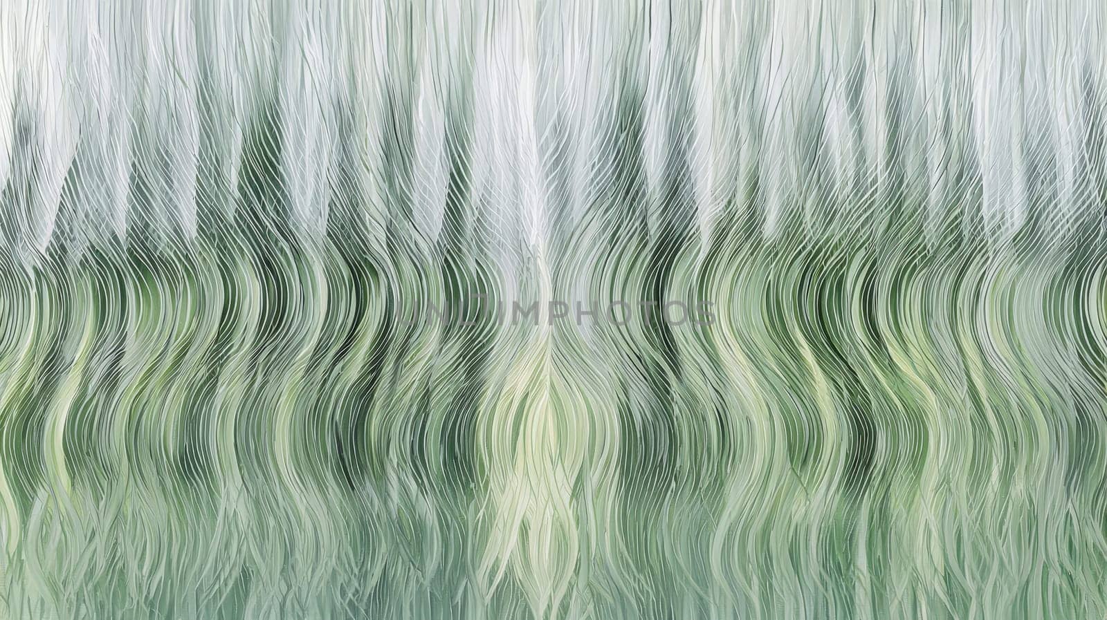 A hyper-detailed, high-contrast 3D rendering of abstract grass waves in green and gray tones. The symmetrical pattern of vertical lines mimics grass swaying gently in the breeze, evoking themes of growth and renewal, perfect for spring-inspired design projects or contemporary artwork.