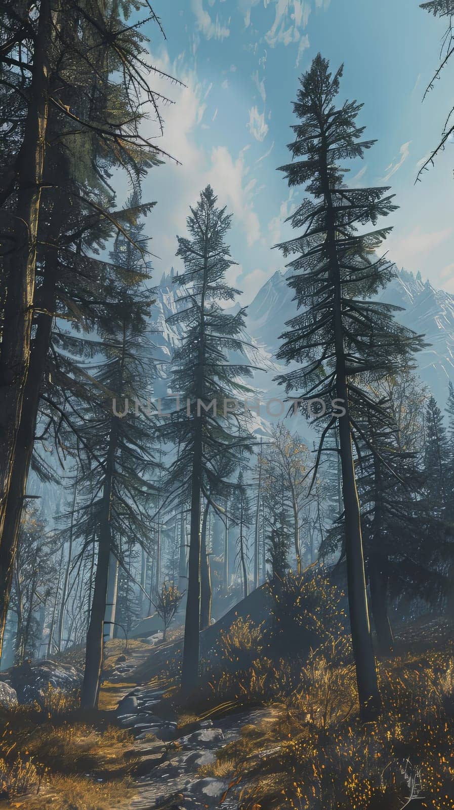 Peaceful spruce groves swaying in the mountain breeze