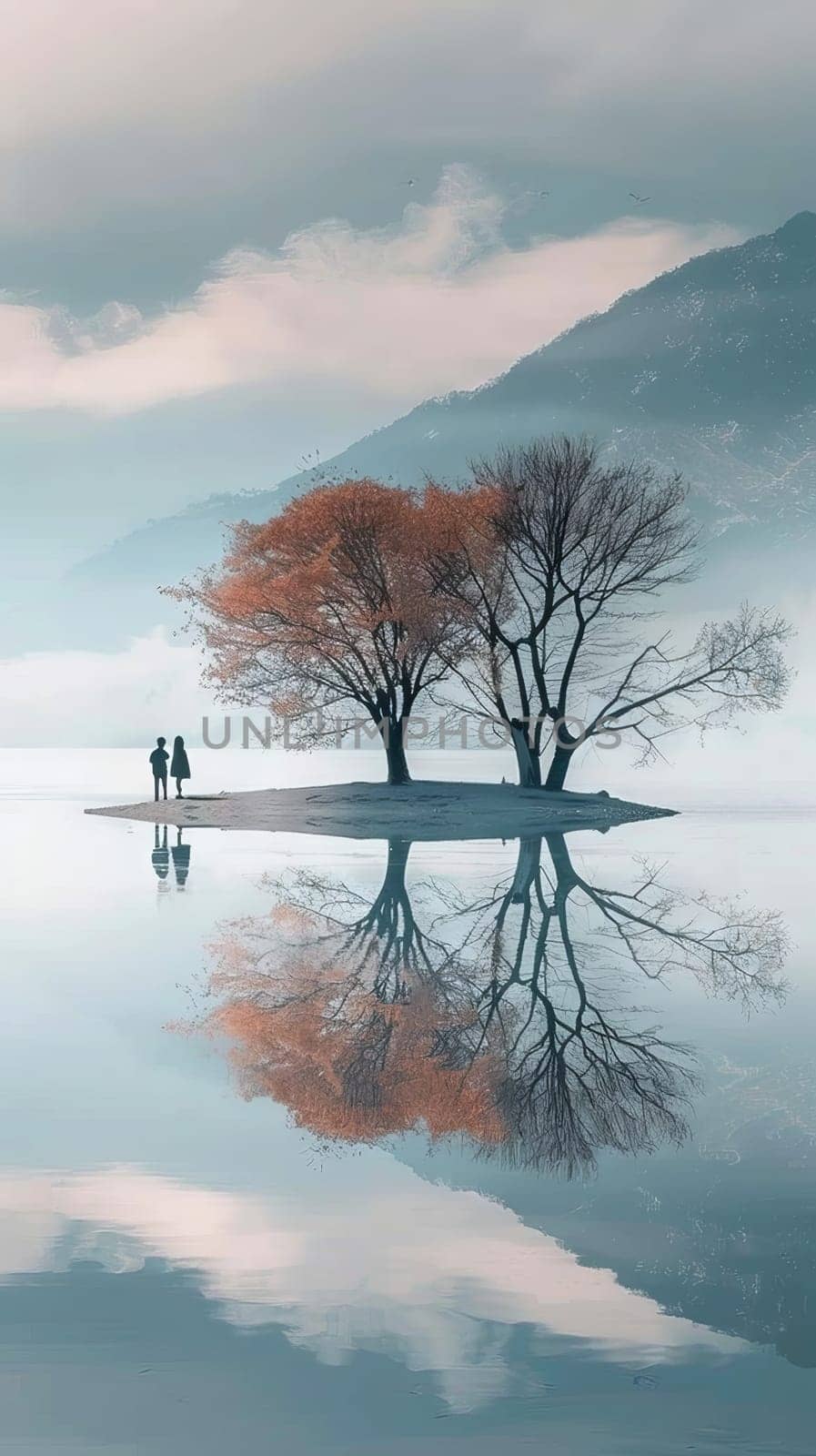 A couple standing on a small island in front of two trees. The trees are bare and the water is calm