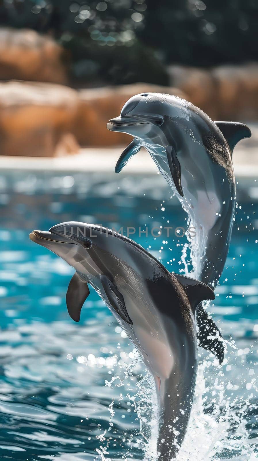 Playful baby dolphins leaping out of the water in graceful arcs, their sleek bodies glistening in the sunlight