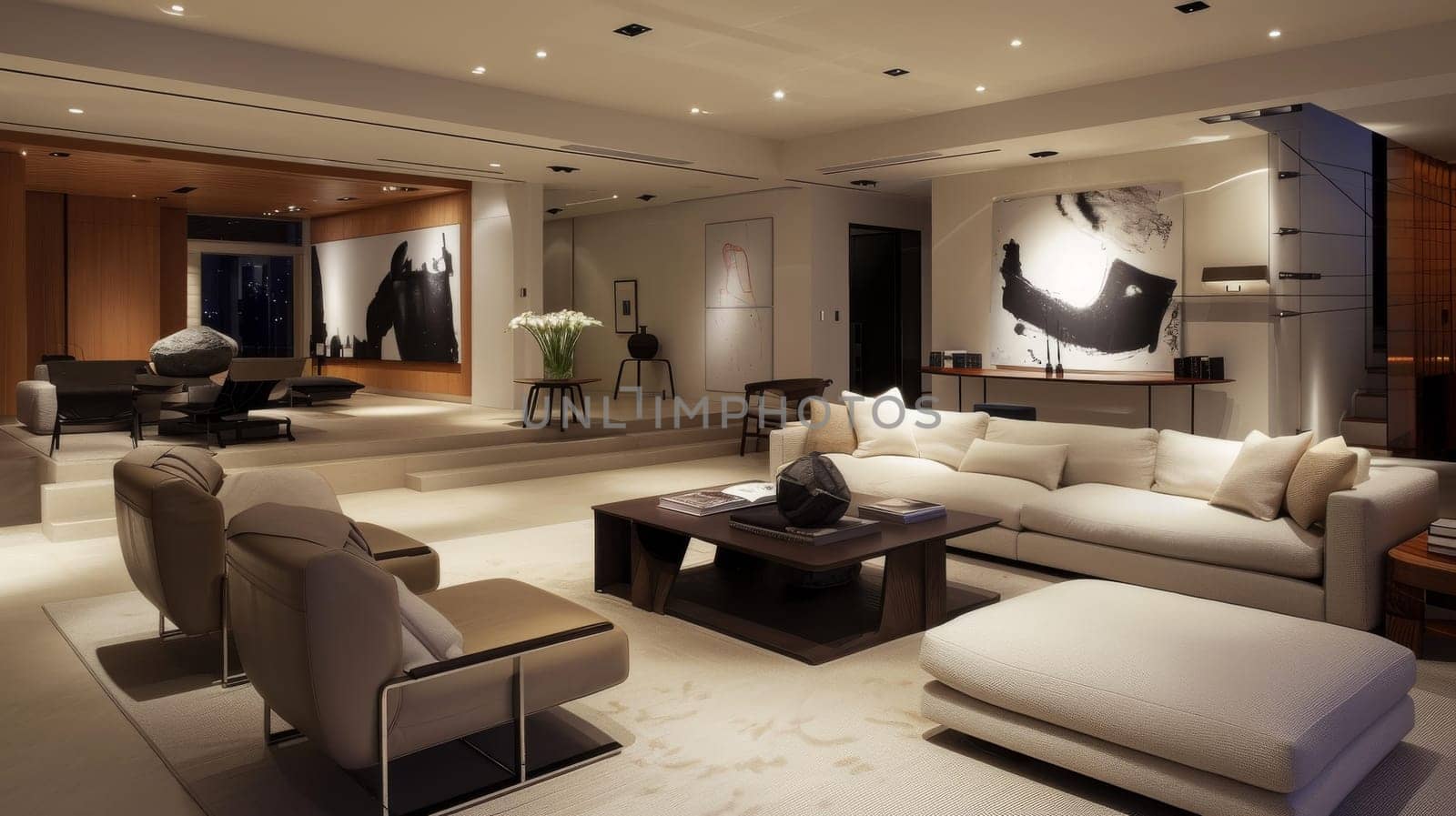A large living room with a black and white painting on the wall. The room is well lit and has a modern feel. There are several couches and chairs, as well as a coffee table
