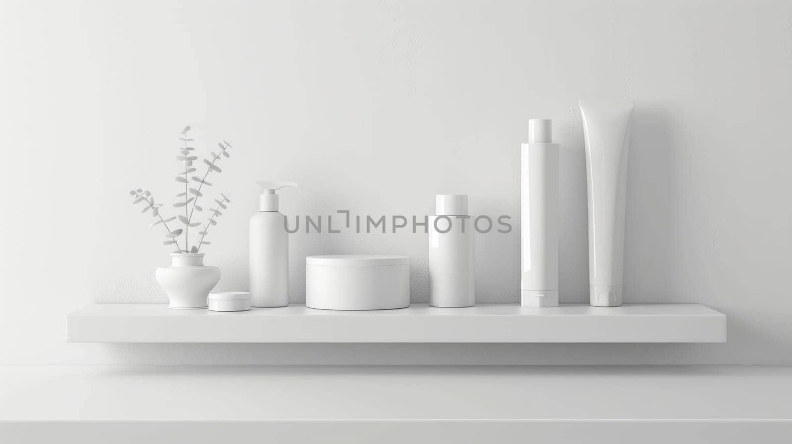 A shelf with a variety of white beauty products, including a bottle of lotion, a bottle of shampoo, and a bottle of conditioner